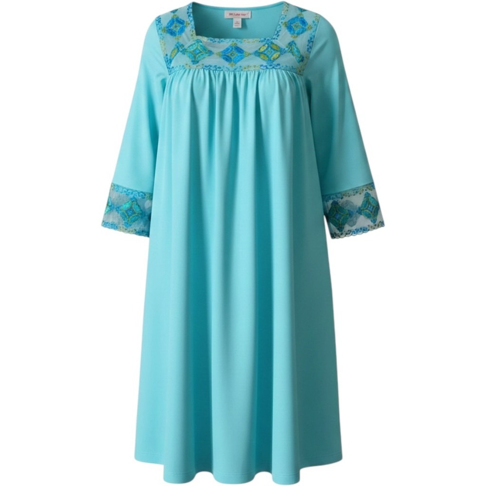 VINTAGE GOSSARD ARTEMIS Turquoise Ladies 3/4 Embroidered Sleeve Nightgown, S